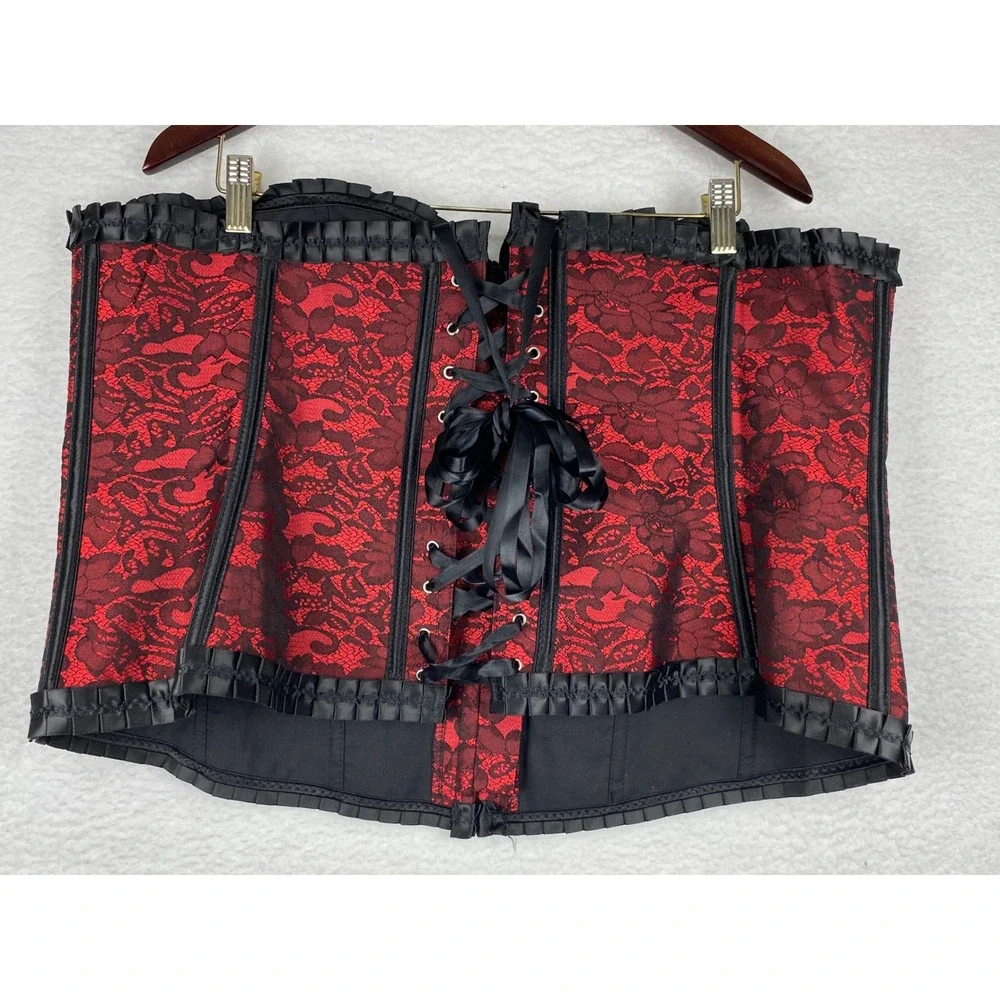 Red Black Floral Lace Boned Corset Top Gothic Steampunk Lace Up Back XL-2XL - Picture 2 of 12
